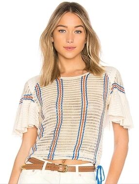 Free People Babes Only Open Knit Flutter Sleeve Top Cream Striped S